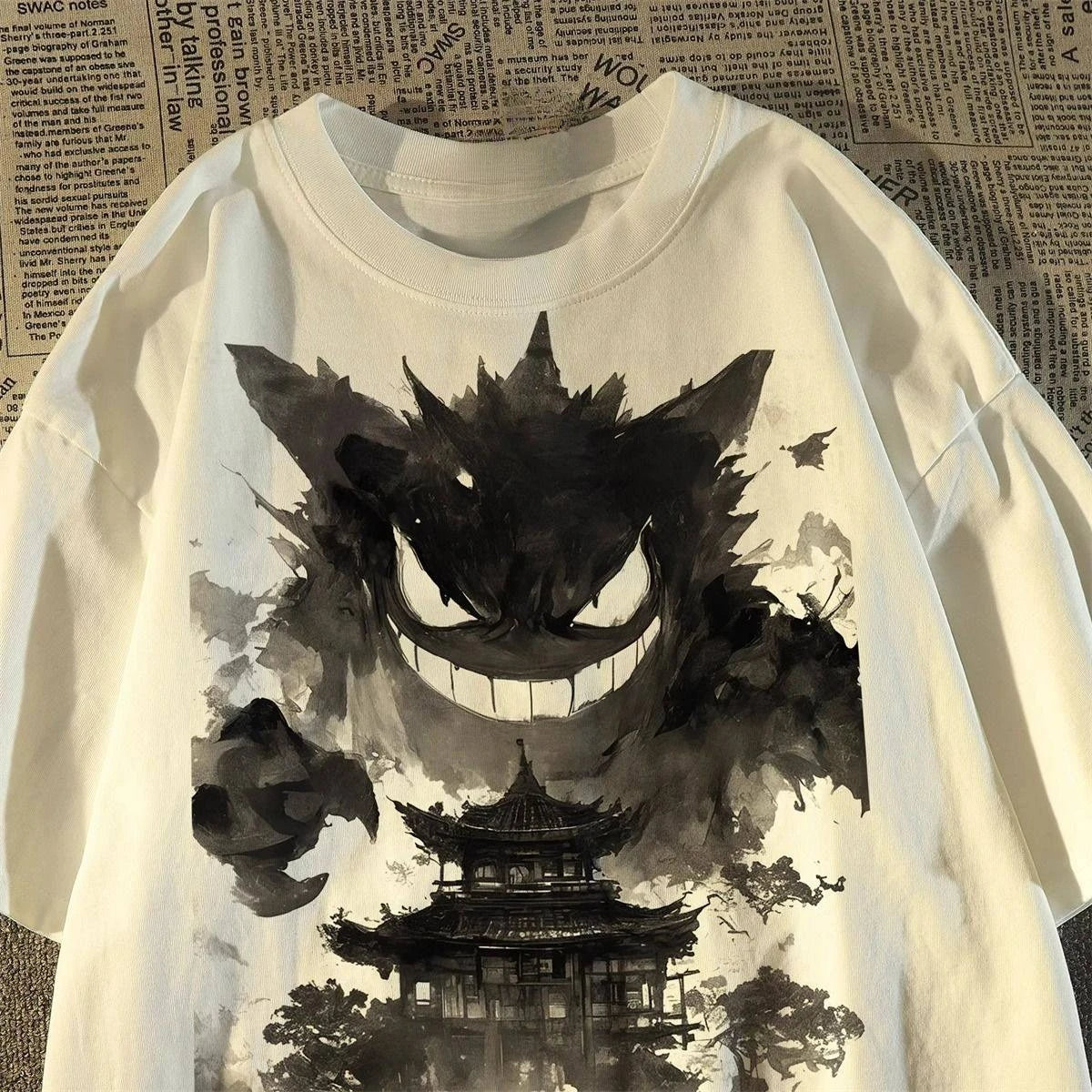 Gengar Printing Tee Pure Cotton T-shirt Men's 2026 Summer Fashion Oversize Street Casual Y2K Tops Streetwear Clothing