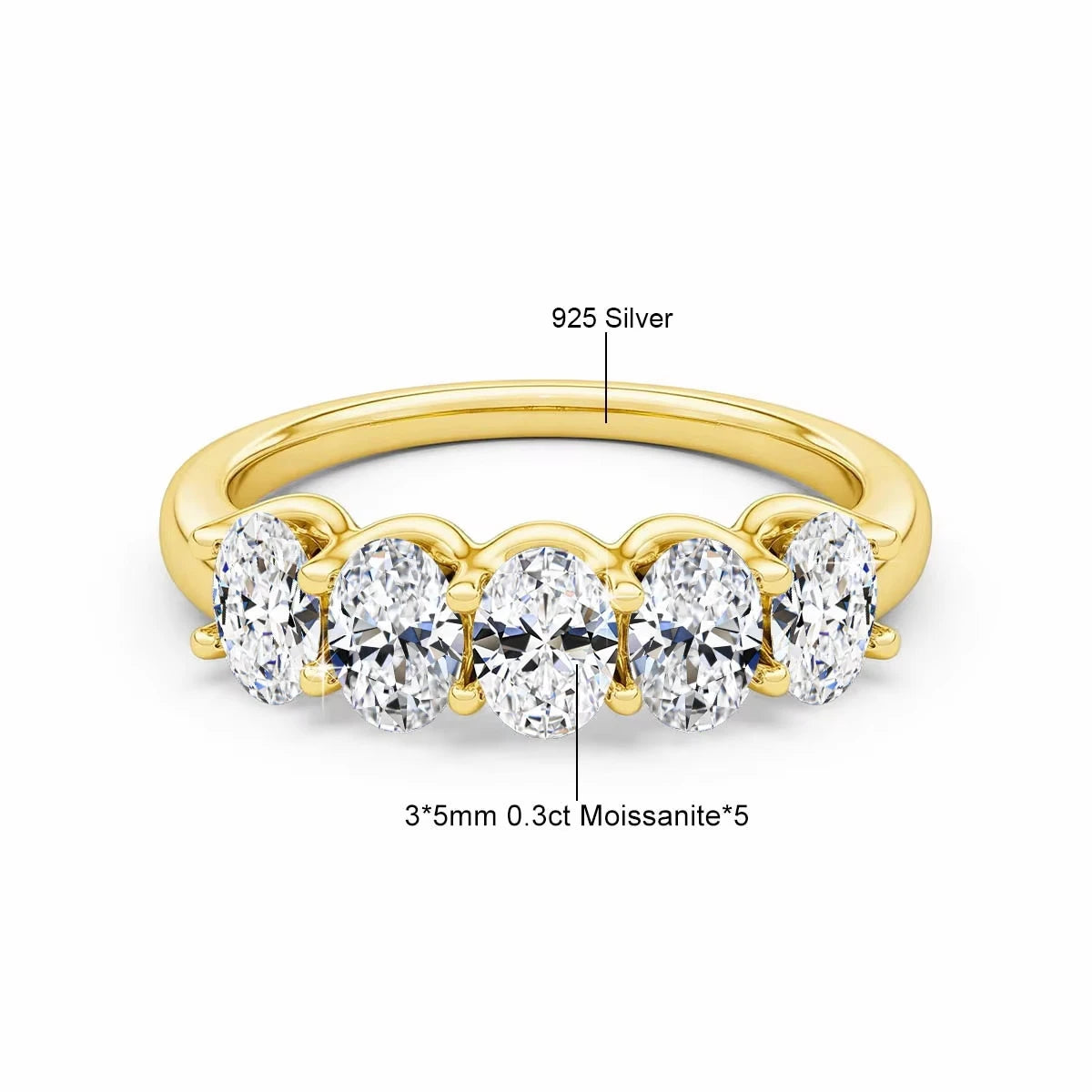 14K Yellow Gold Engagement Ring GRA Certified Moissanite Row Band 5 Stone 1.5ctw 100% Authentic for Women Wedding Jewelry