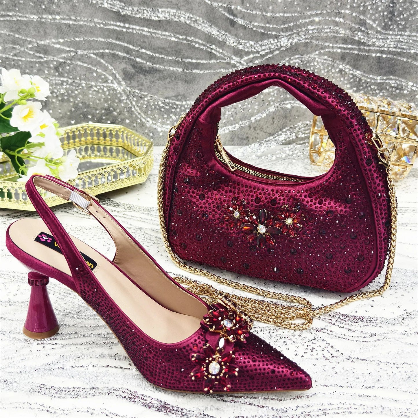 Pointed Toe High Heels Shoes and Bags Set With Rhinestone for Women Wedding Party Elegant Luxury Fashion in Sky Blue