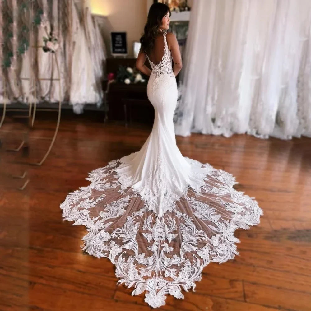 Enternity Fashionable Mermaid Wedding Gown For Bride Spaghetti Strap Court Train Lace Applique Vestido De Novia Customized