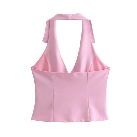 MUJER 2025 Blue Pink Halter Top Woman Off Shoulder Backless Crop Top Women Sleeveless Short Tops Woman Fashion Summer Sexy Tops