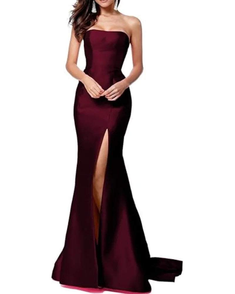 Women's Sleeveless Mermaid High Slit Backless Long Prom Gowns Strapless Floor Length Satin Evening Maxi Dresses