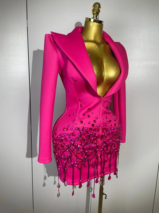 Crystal Chains Pearls Long Sleeve Mini Dress 2025 Women Birthday Evening Party Nightclub Outfit Singer Wedding Costume