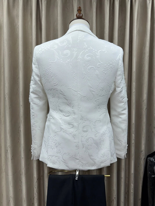 Jacquard White Elegant Beaded Men's Suits 3 Pieces Dancing Wear Plus Size Shawl Lapel Suit Set For Men Autumn Long Sleeve Tuxedo