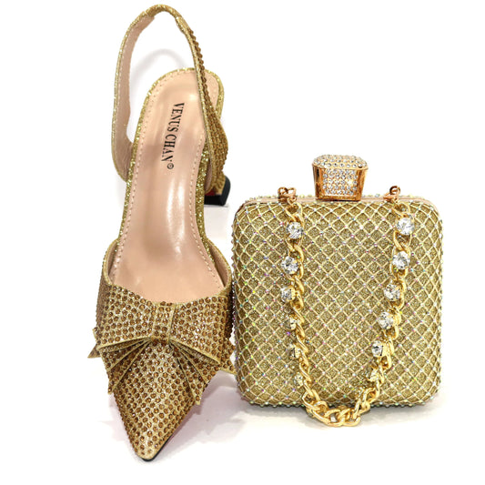 Bridal High Heels for Women 2023 Pointed Toe With Bows Gold Color Rhinestone Elegant Party Wedding Shoe and Bag Set