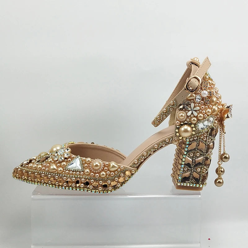 Luxury Champagne Golden Crystal wedding shoes matching bags woman fashion Thick heel Women party dress shoes Pointed Toe shoes