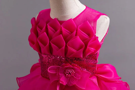 Summer Children's Wedding Flower Girl Tail Organza Elegant Evening Dress Bow Cute Birthday Party Girl Princess Dress