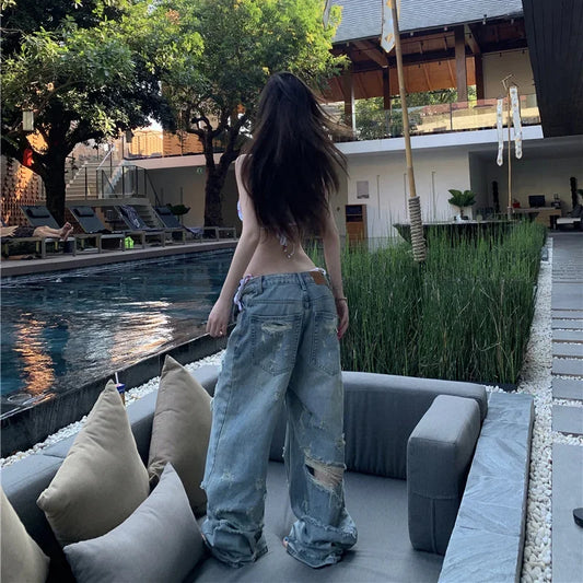 Bf Style Ripped Heavy Industry Straight Jeans Women's Do old High Waisted Y2K Streetwear Loose Wide Leg Trousers