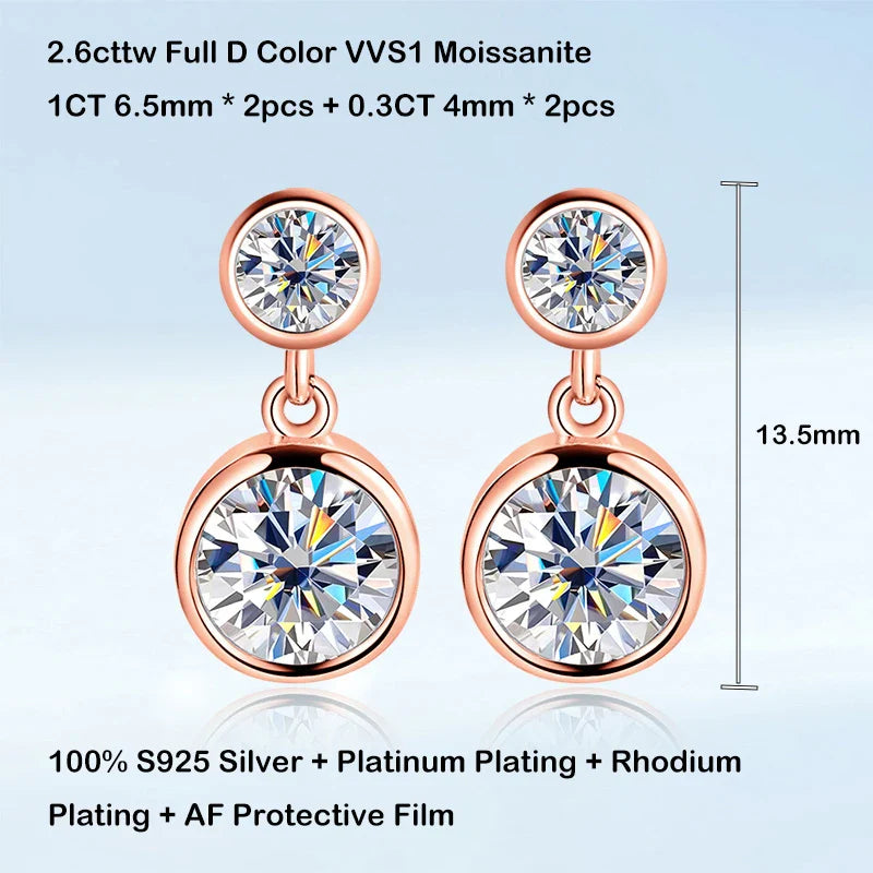 Bezel Full 2.6cttw D Color Moissanite Drop Earrings for Women S925 Silver Plated 18K Rose Gold Bubble Diamond Stud Earring