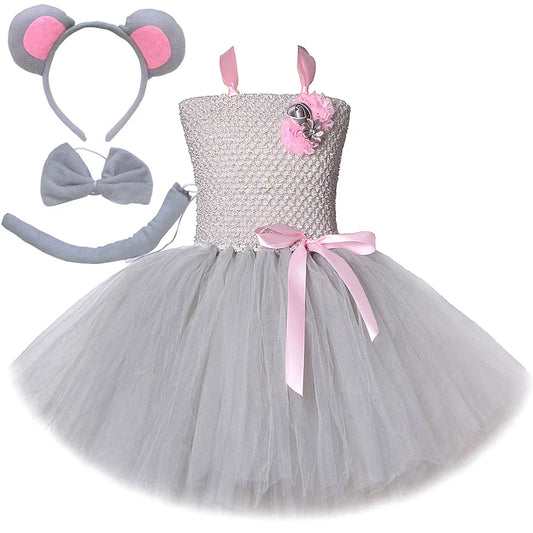 Pink Gray Mouse Tutu Dress for Baby Girls Grey Rat Costumes with Ears Bow Tie Tail Kids Animal Carnival Outfit Birthday Clothes