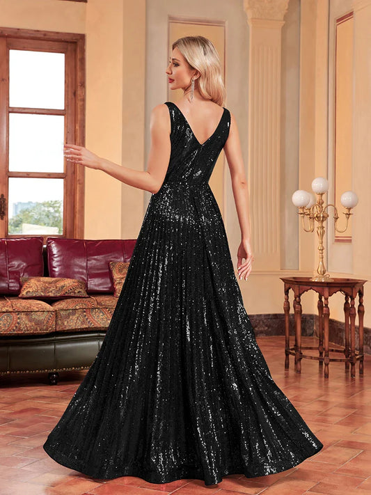 Luxury V-Neck Black Sleeveless Formal Evening Dresses Women Sequins Wedding Party Prom Maxi Cocktail Dresses Vestidos