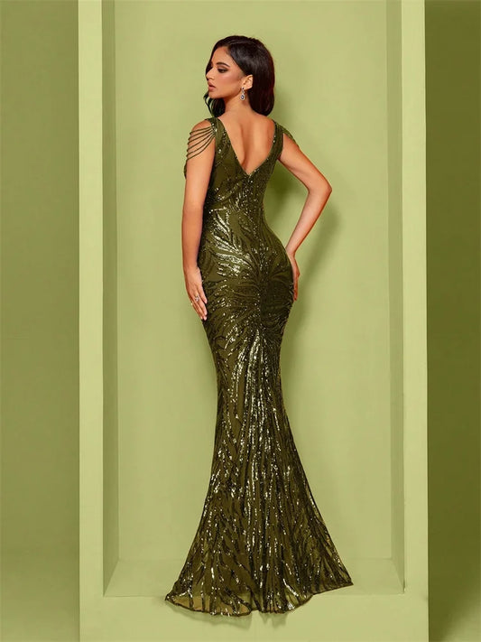 Elegant V-Neck Beading Green Sequin Evening Dress Long New Luxury Women Formal Mermaid Party Prom Cocktail Gowns