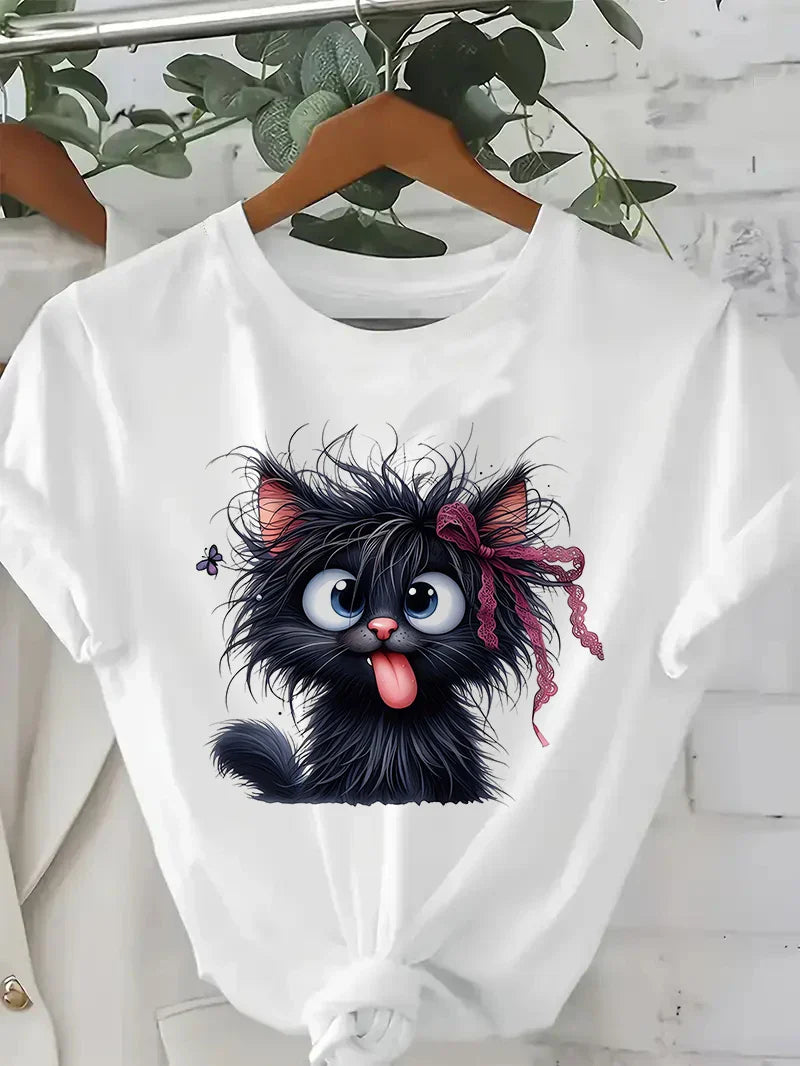 Women's Funny Fried Cat Cartoon T-Shirt with Playful Bow Butterfly Print Women's Casual Short Sleeve T Shirt Clothing Top Tee
