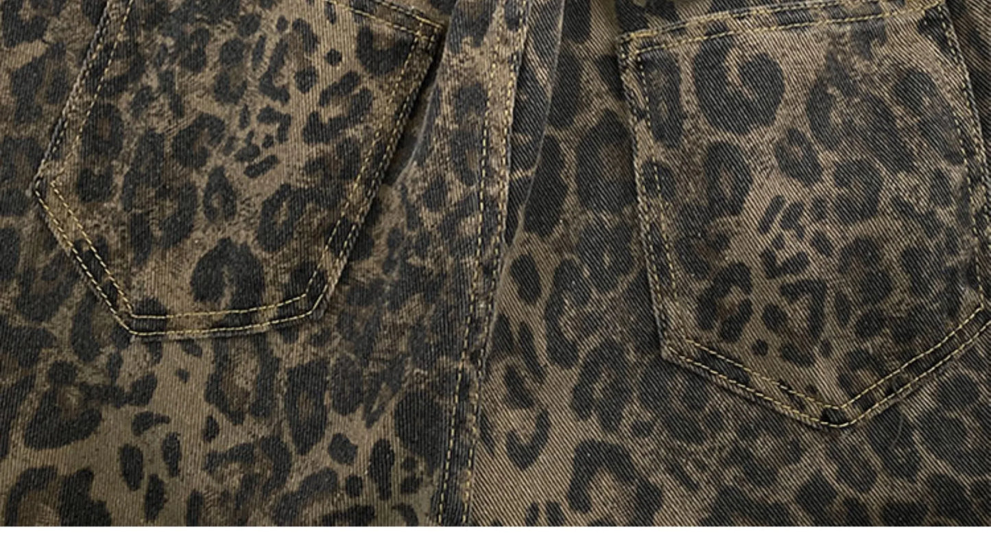 Men Leopard Denim Shorts Summer Thin American High Street Drawstring Casual Pants Loose Popular Versatile Handsome Trousers
