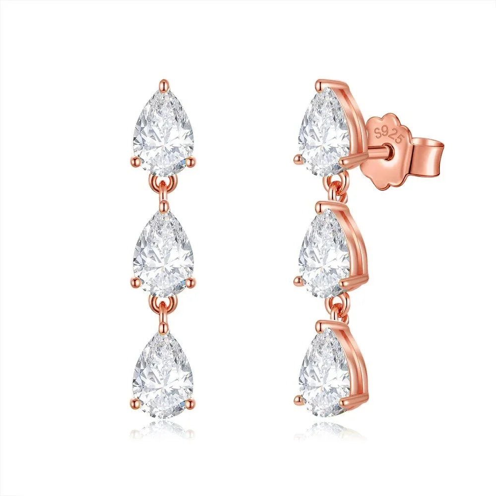 3-Stone Pear Cut Real Moissanite Diamond Drop Earrings for Women 925 Sterling Silver Waterdrop Dangle Earring with Certificate