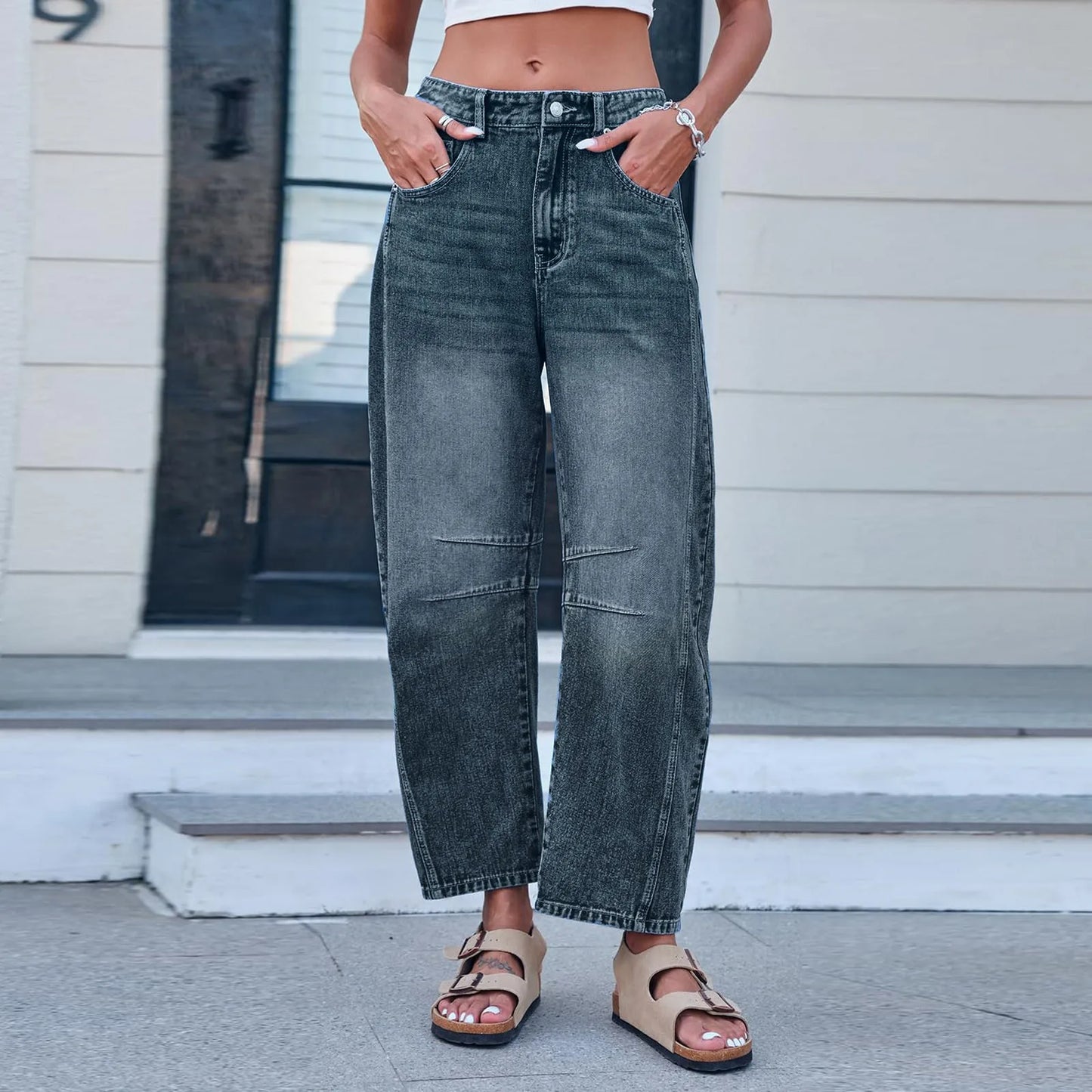 Women's Mid Rise Barrel Jeans Wide Leg Mid Waist Cropped Denim Pants