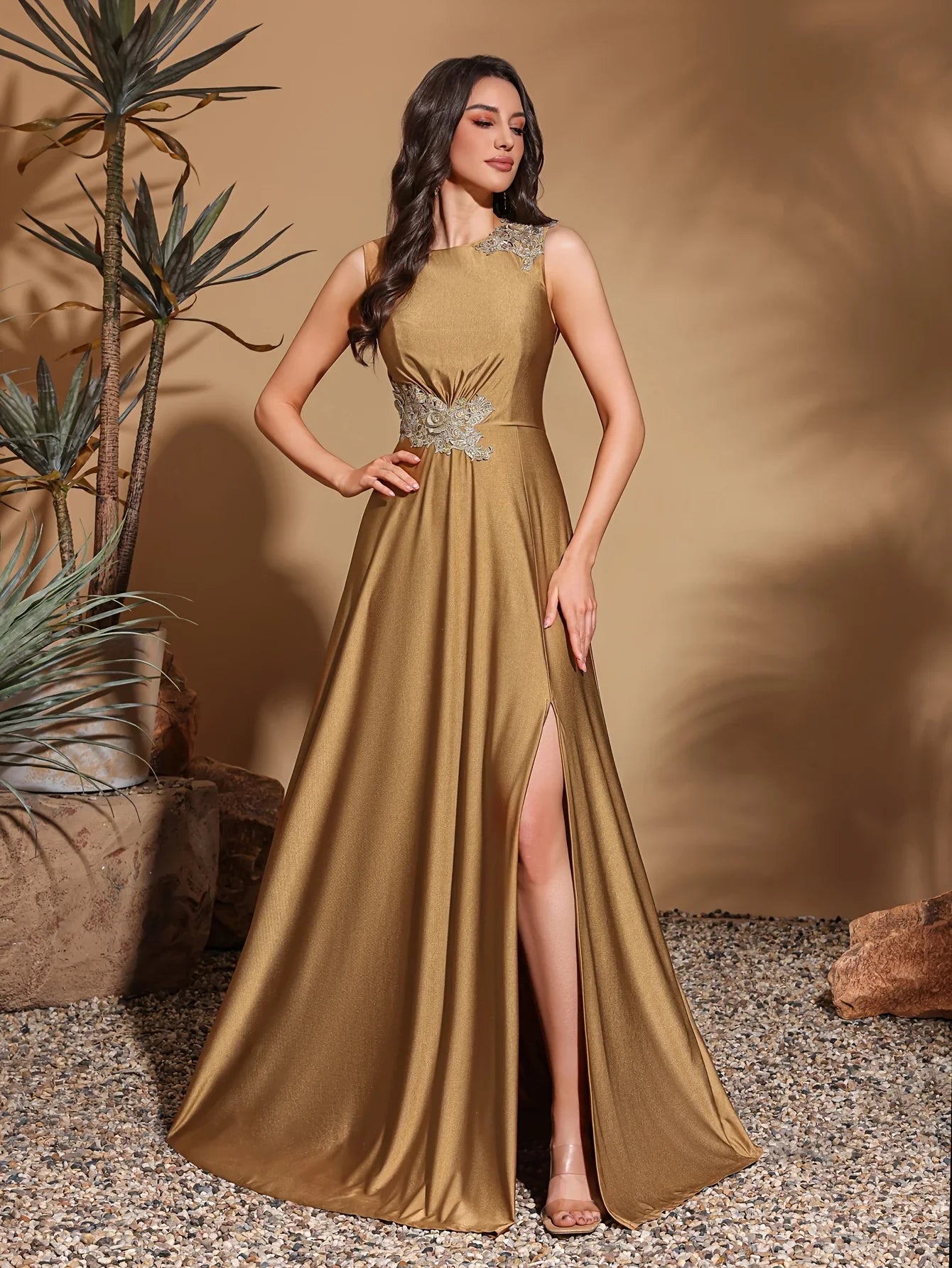 Asymmetrical applique sleeveless round neck slit back floor-length gown, women's long dress, party dress