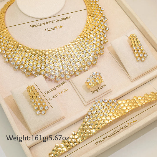 4Piece Luxury White Zircon Jewelry Set Necklace Earring Bracelet Ring Gold Plated Electroplating Dubai Banquet For Women