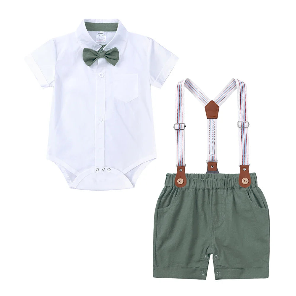 Infant Baby Boy Formal Outfit Newborn Gentleman Clothes Toddler Suit Set Short Sleeve Romper Shirt+Pants+BowTie+Suspender Shorts