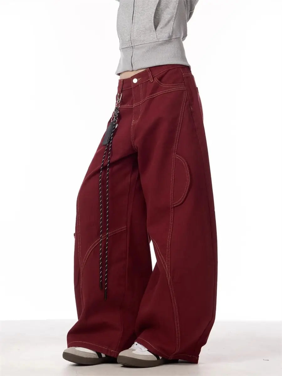 Cargo Red Casual Jeans Womens Workwear Pants Loose Straight Wide Leg Trousers Spring Korean Style Lazy Comfortable Chic