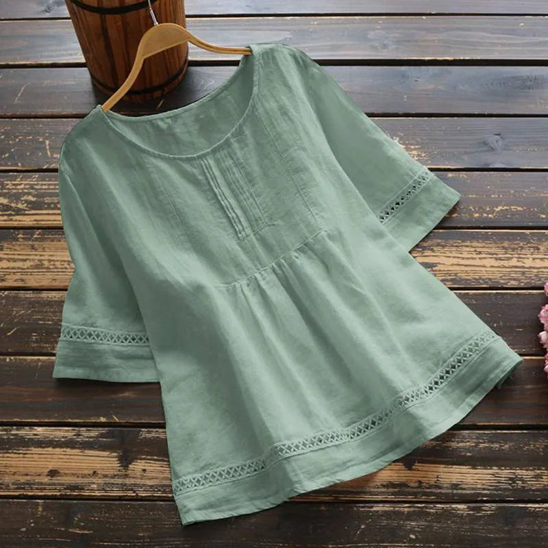 New Women's Elegant Cotton and Hemp Shirt Solid Color Casual Round Neck Hollow Half Sleeve Splicing Fashion Women's Top