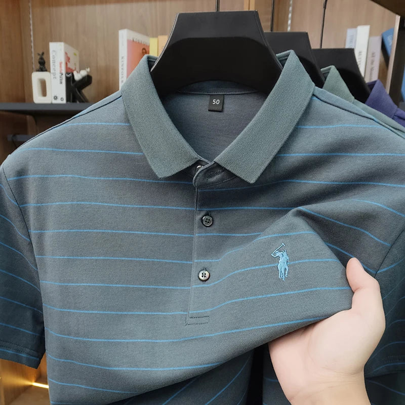 2026 New Summer Pure Cotton Short Sleeved Business Polo Shirt Men's Lapel Breathable Casual Versatile Top Striped T-shirt