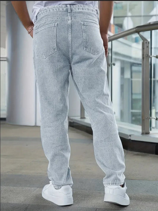 Men's Classic Straight-Leg Denim Jeans - Casual Style, Non-Stretch, Machine Washable, Solid Light Blue, Cotton/Polyester Blend,