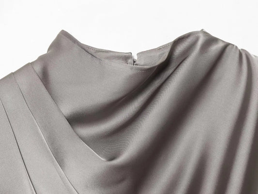 2026 Spring new women's elegant fashion shawl design satin drape top asymmetric wrinkled long-sleeved shirt