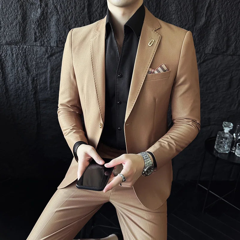 Men's Korean Style Slim Fit Suit Set, High Quality Fabric Solid Color Edge Pressing for Wedding Business