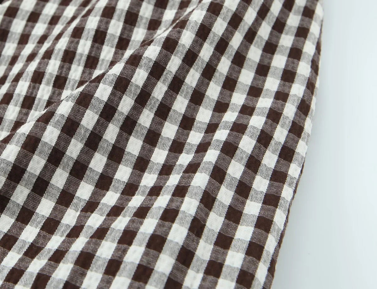 Spring Summer O-Neck Short Puff Sleeve Small Plaid Tops Women Back Button Decoration Tops Female Casual Wear 2026 New