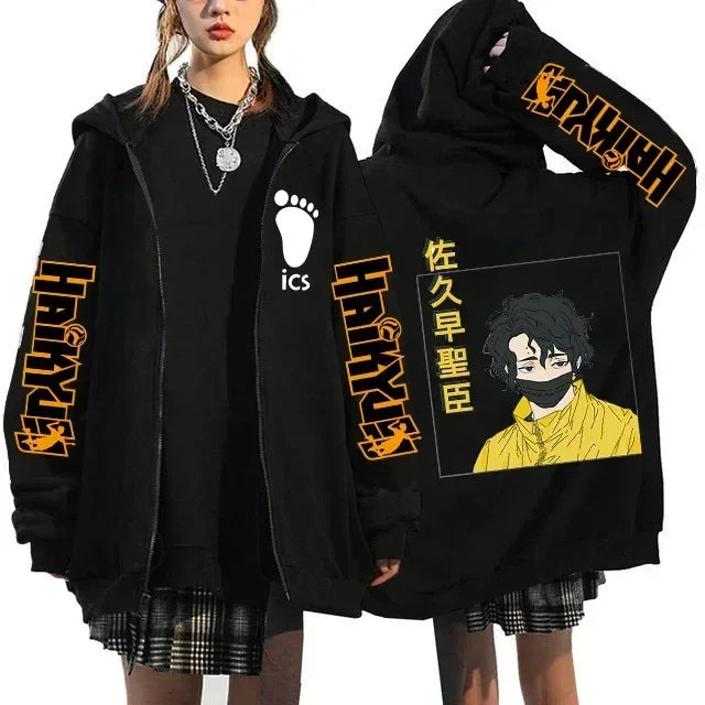 Haikyuu Graphic Zippper Jackets Sweatshirts Japanese Anime Manga Y2k Gothic Zip Up Hoodies Karasuno Fly High Harajuku Streetwear