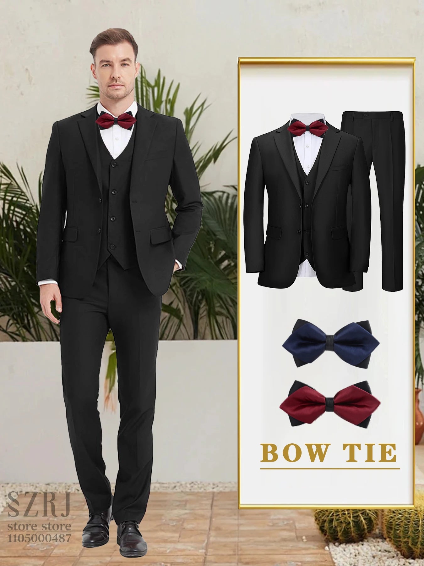 Men's 5-Piece Business Suit Set: Jacket+Vest+Pants+2 Bow Ties (Red+Blue).Premium, Tailored, For Parties, Weddings, Business.