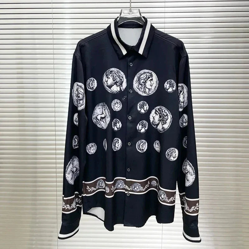 Men's shirt Vintage Character print 2025 Spring / Autumn Loose Version Classic Long-sleeved Lapel Fashion and leisure Top S-5XL