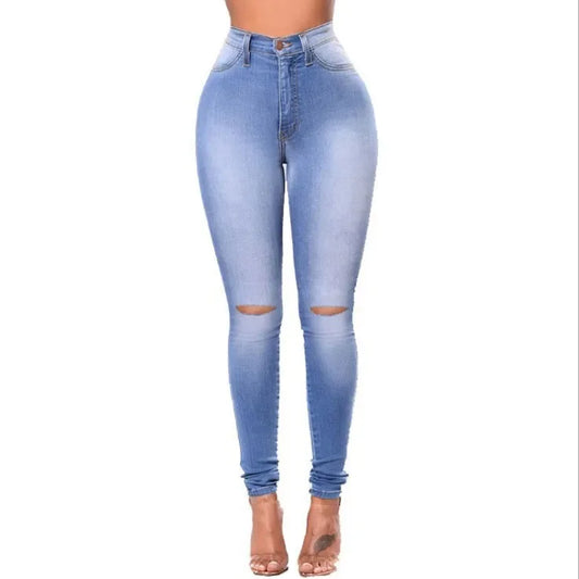 Europe and The United States New Slim-fit Ripped Small Feet Jeans, Women's Spring and Fall New Elastic Force Pencil Pants Jeans