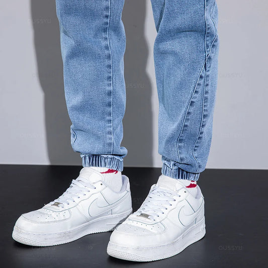 Calça Jeans Cargo Azul Masculina Four Seasons Streetwear Sarja Jogger Calça Harem Folgada Masculina Tamanhos Grandes Plus Size 4 5 6 7XL 8XL