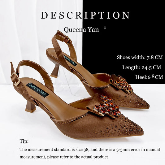 Elegant Mature Style Brown Party Wedding Pointed Toe High Heel and Bag Set With Embroider and Rhinestone