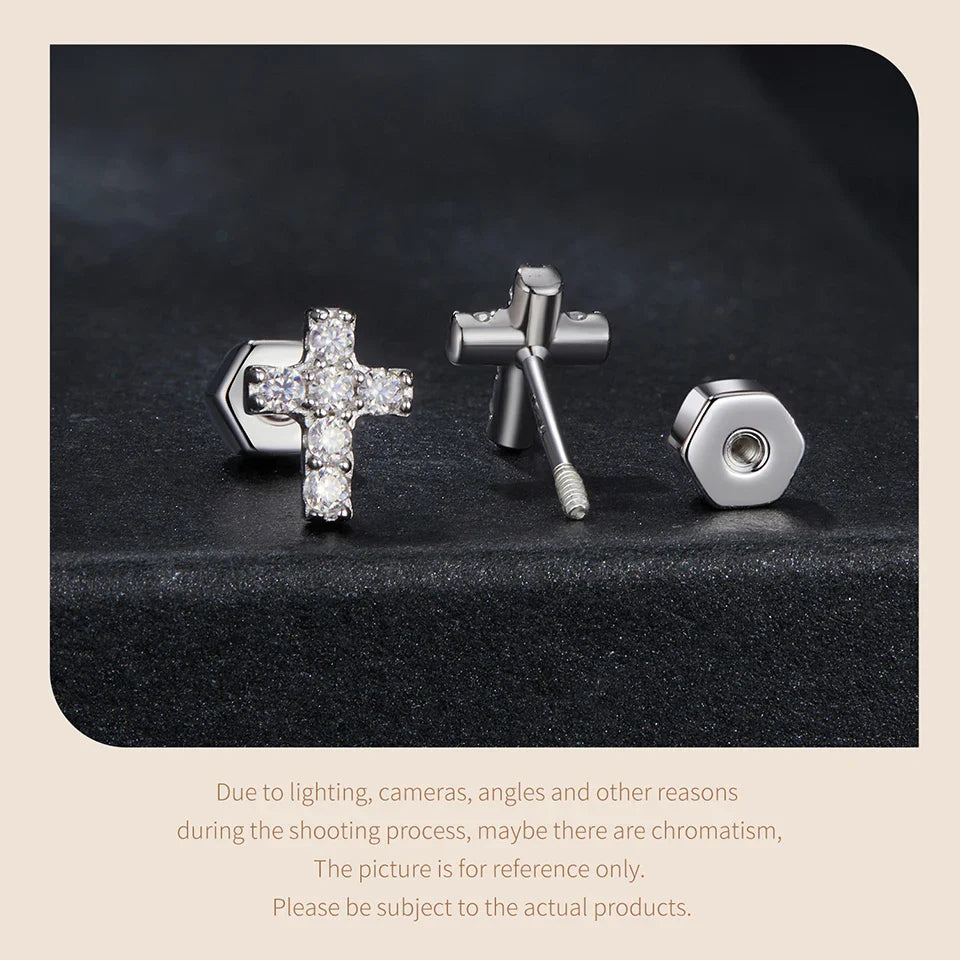 White Gold Plated Moissanite Cross Necklace & Earrings for Women, 925 Sterling Silver Small Religious Faith Xmas Jewelry