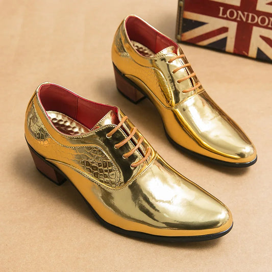 New 2025 Luxury Gold Men High Heel Leather Shoes Moccasins Designer Pointed Dress Shoes Men Wedding Formal Shoes Big Size 46
