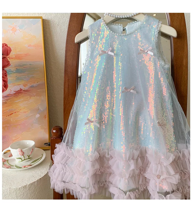 Kids Girls Fairy Princess Dress Sleeveless Bow Sequined Cake Dress Children Puffy Skirt Birthday Party Vest Tulle Dresses
