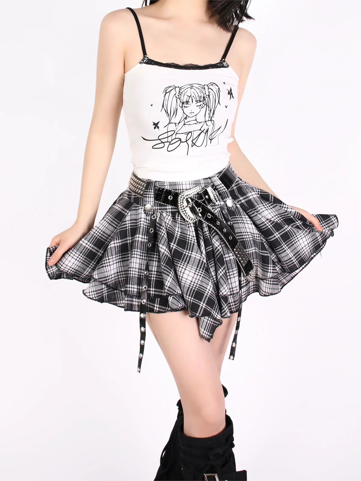 2025 Autumn Winter Women Cyber Punk Dark Academia Irregular A-line Mini Plaid Skirt JK 2000s Aesthetic Y2k A-line Kpop Gyaru
