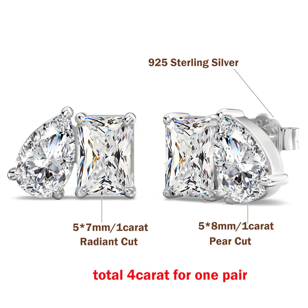 4cttw Radiant/Emerald&Pear Cut Moissanite Stud Earring with Certificate 2Diamond Ear Studs for Women Wedding S925 Silver Jewelry