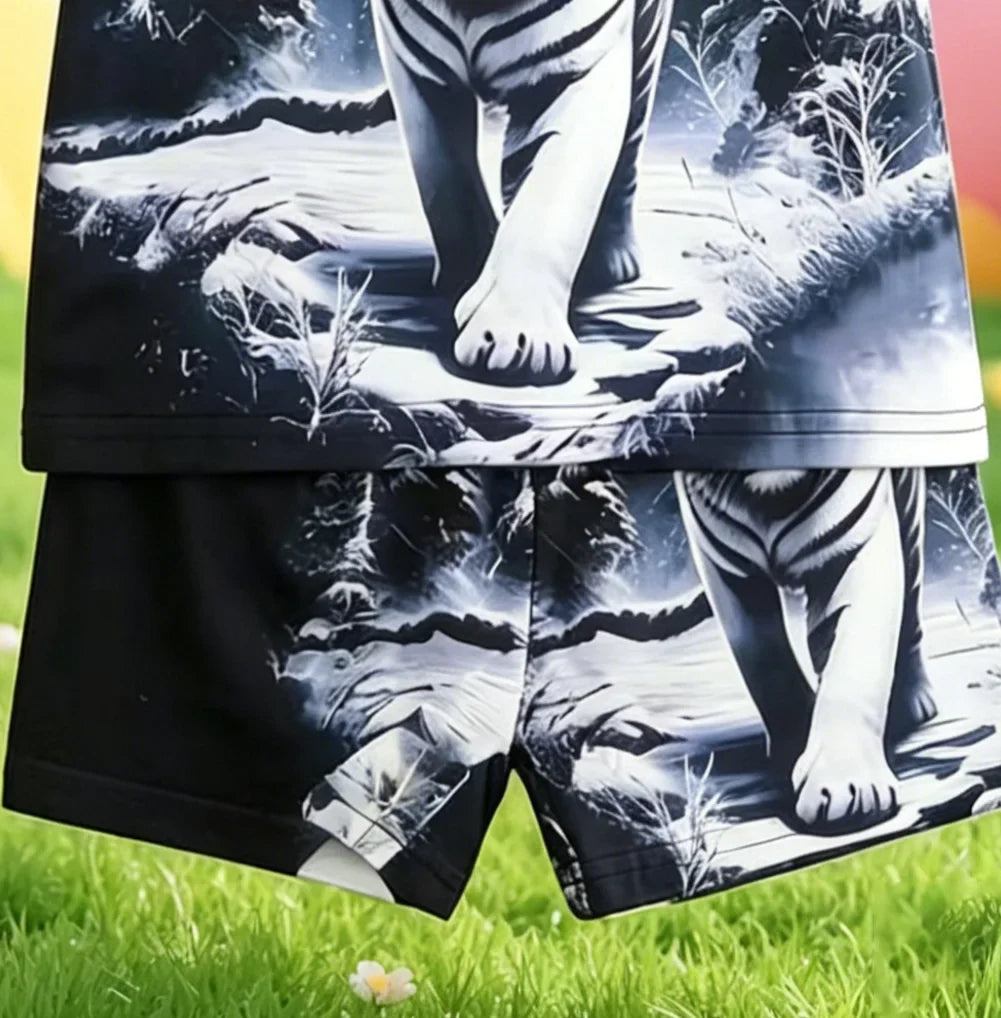 Summer New Arrival Boys Ink Wash Tiger All Over Print Short Sleeve Shorts Set