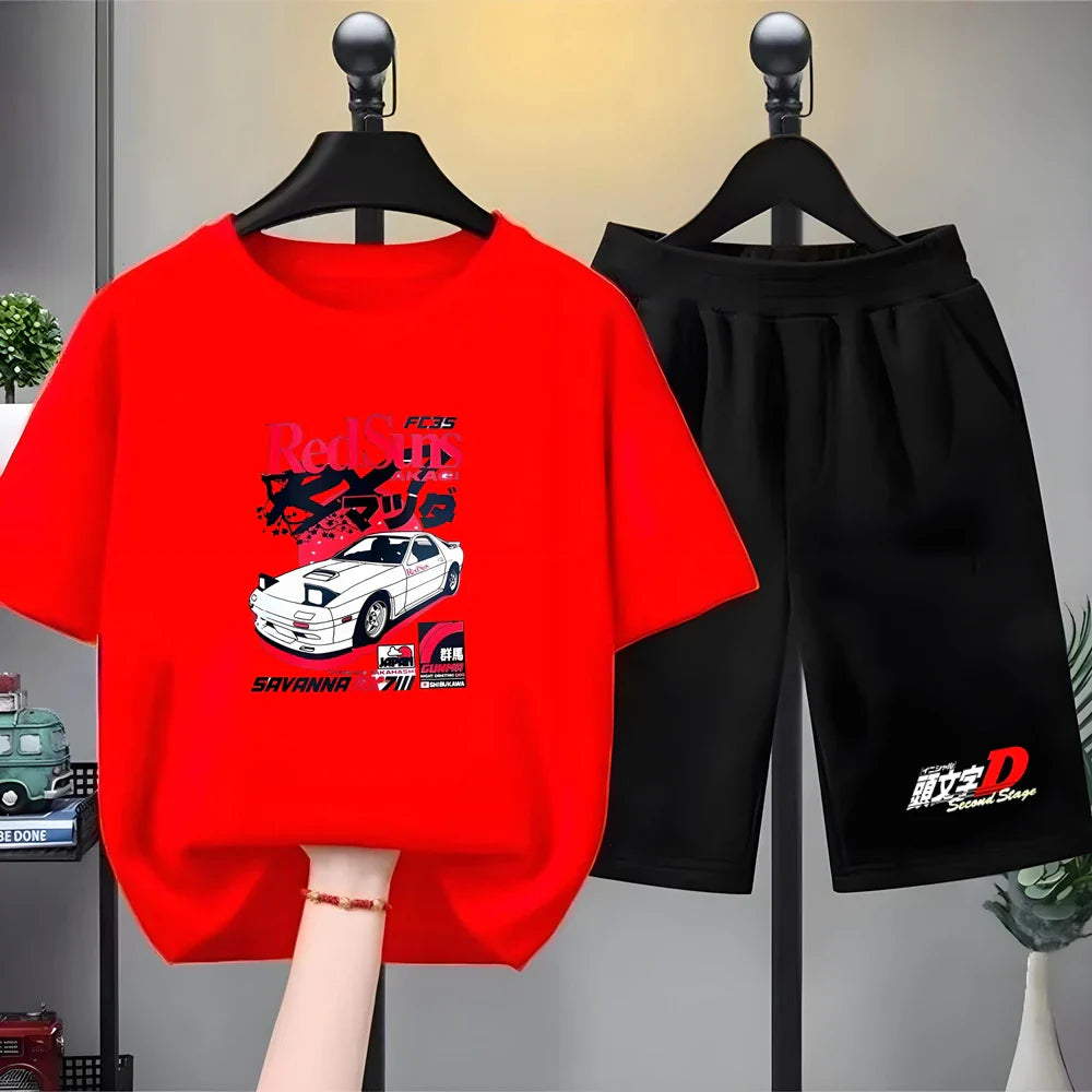 Summer Cool Boy Girl Tshirt Children T-shirt+Shorts Set Japanese manga racing car Fashion Print Toddler 3-12Yrs white clothing