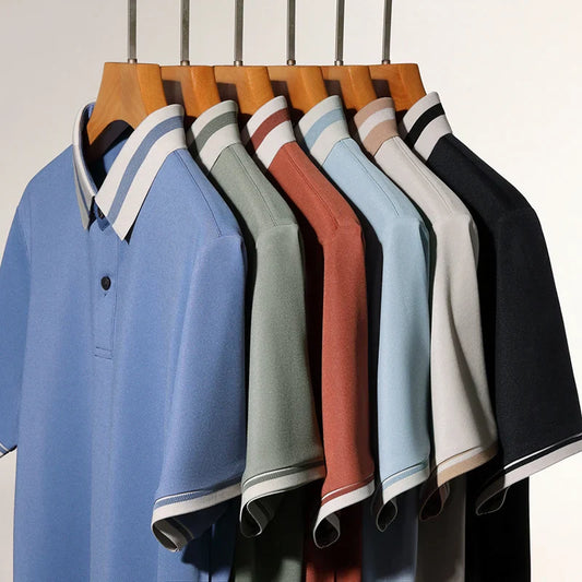 High quality men's short sleeve polo shirt new breathable and fashionable color blocked collar T-shirt summer ice silk cool top