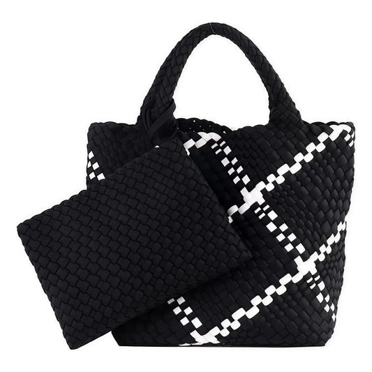 Woven Bag for Women, Neoprene Tote Bag Summer Beach Handbag Purse Retro Handmade Travel Shoulder Bag Set Neoprene Weave Tote Bag