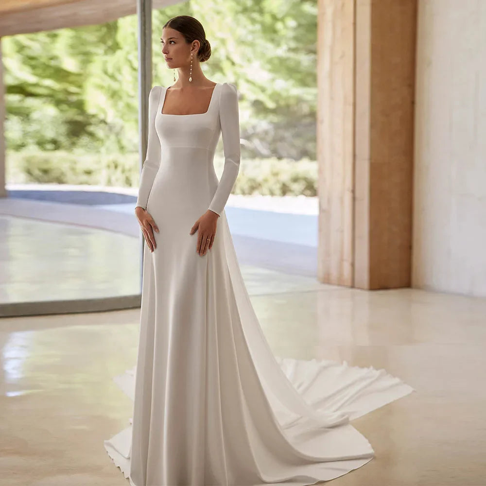 Elegant Square Collar Wedding Dresses For Women With Detachable Train Mermaid Wedding Gowns Long Simple Bridal Dress