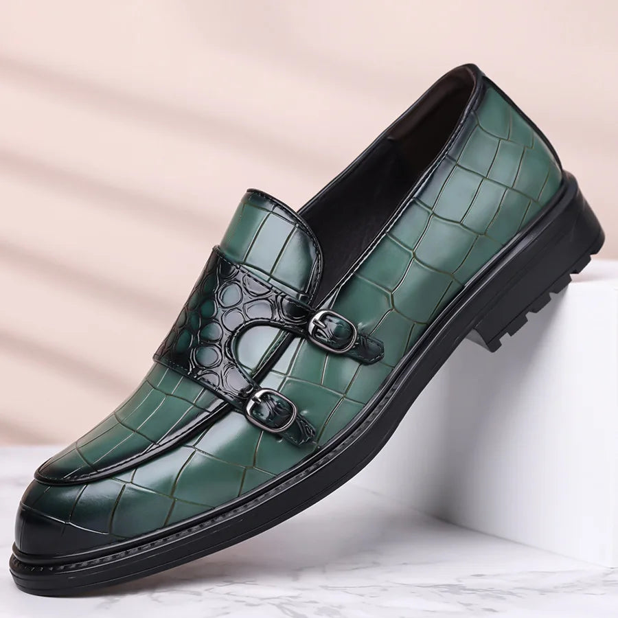 Classic Leather Men's Loafer Shoes Slip-on Double Buckles Green Black Shoes Wedding Party Formal Shoes for Men Zapatillas Male