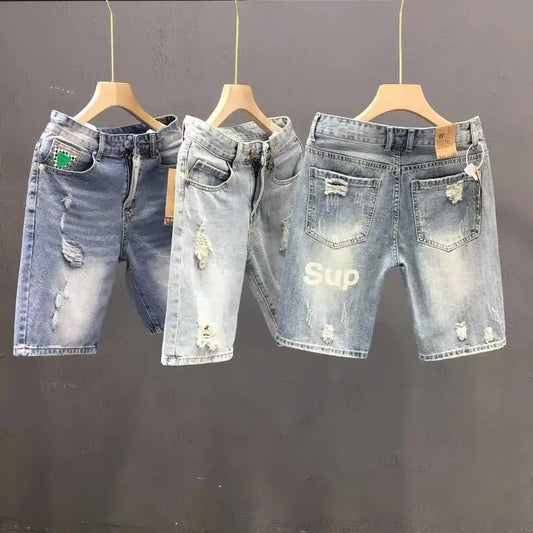 Men's Blue Casual Solid Denim Jean Shorts with Ripped Holes Wash Designer