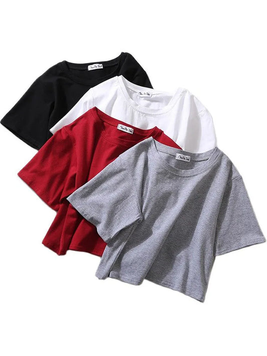 Summer Short Sleeve T Shirts Women Solid T-shirt O Neck High Waist Crop Top Tee Female Casual Loose T Shirt