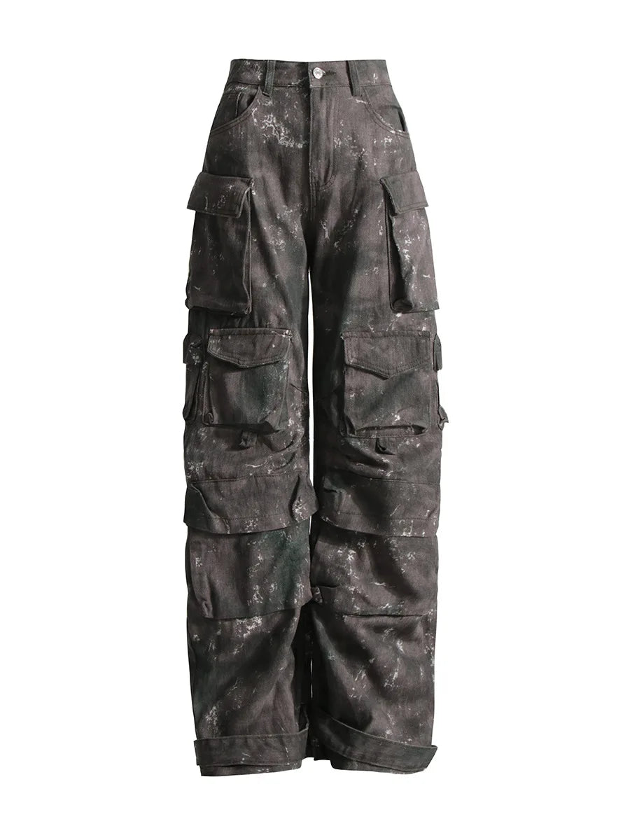 Jeans Feminino Moderno para Trabalho | Jeans Preto e Cinza de Rua com Vários Bolsos | Design Funcional Americano de Cintura Alta